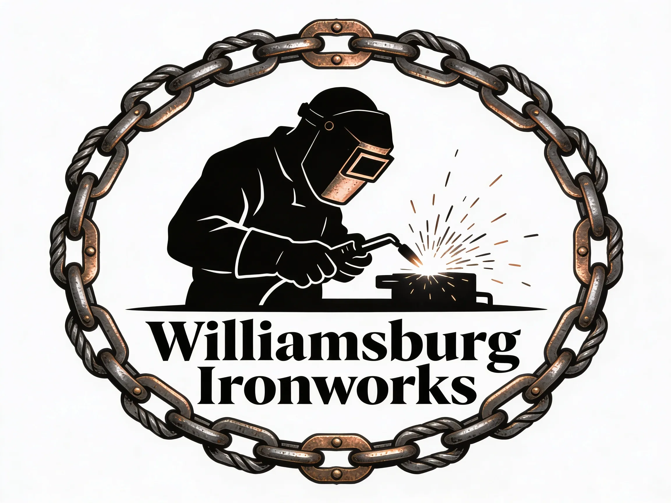 Williamsburg Ironworks logo: a welder striking sparks, framed by an oval of chain links